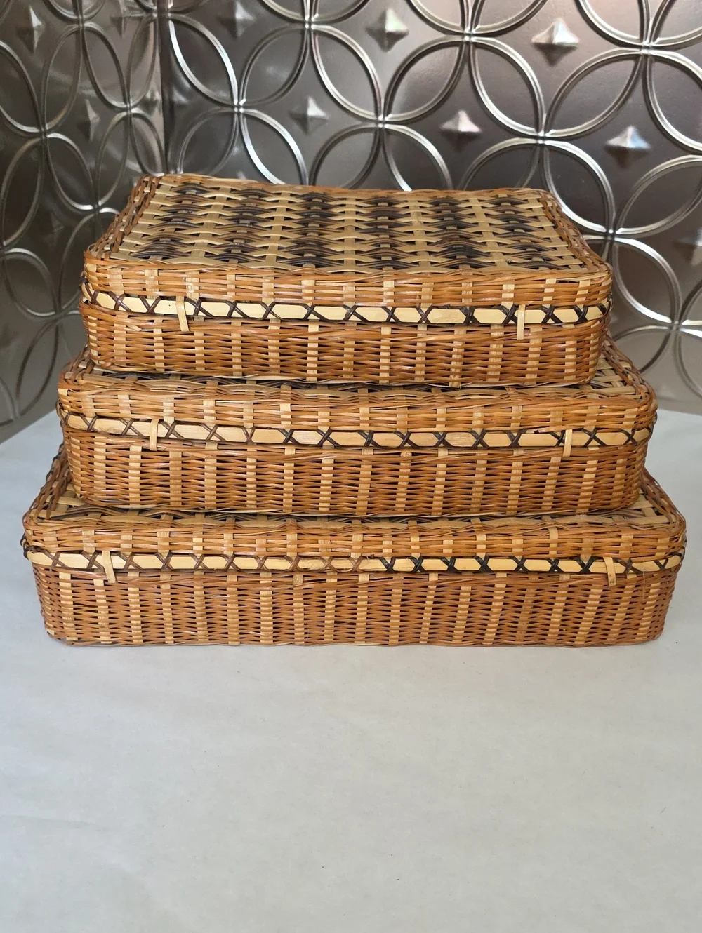 Vintage Nesting Wicker Rattan Suitcases Storage Baskets - Made in Philippines